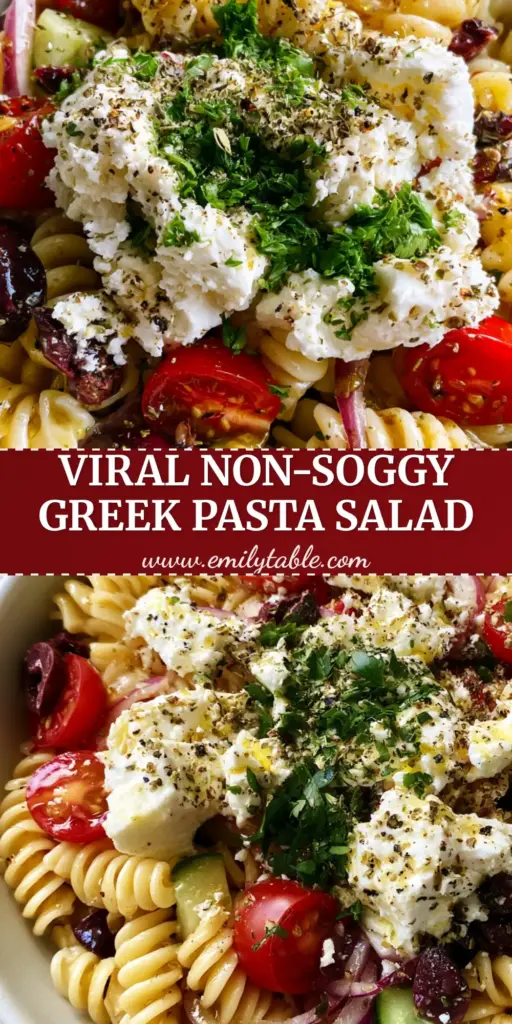 A vibrant greek pasta salad in a matte white bowl featuring rotini, feta chunks, and Kalamata olives.