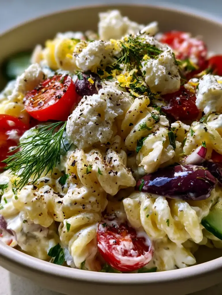 Greek Pasta with Feta: The Creamiest 20-Minute Mediterranean Dinner 2 Extreme macro close-up of fusilli pasta coated in a glossy feta lemon sauce with red onion slivers and cracked black pepper. (Greek Pasta with Feta)