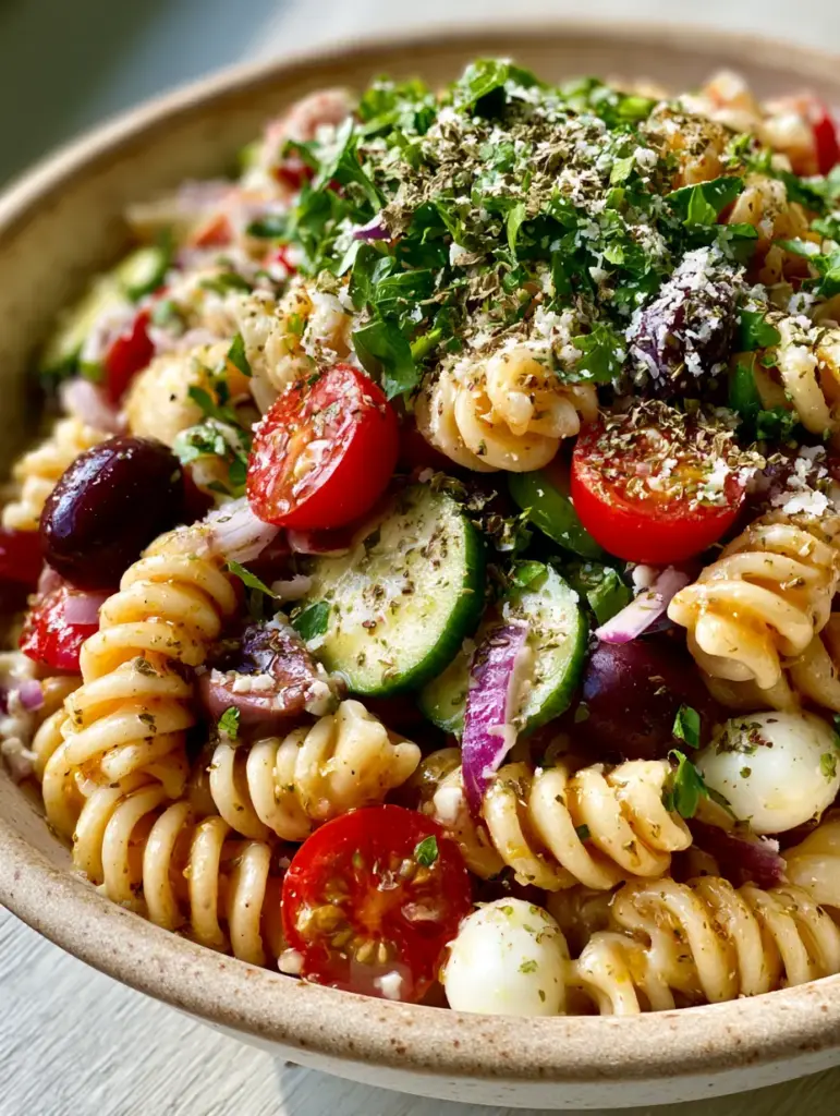 Italian Pasta Salad with Glistening Golden-Herb Vinaigrette 2 Close-up smartphone photo of al dente rotini pasta spirals coated in glistening golden vinaigrette with kalamata olives and parsley. (Italian Pasta Salad)