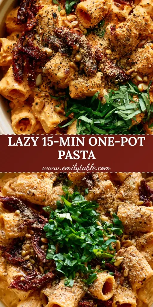 Vegan Sun-Dried Tomato Pasta with Creamy Rigatoni and Toasted Pine Nuts 4 A shallow ceramic pot of vegan sun-dried tomato pasta with rigatoni, basil, and pine nuts in morning light.
