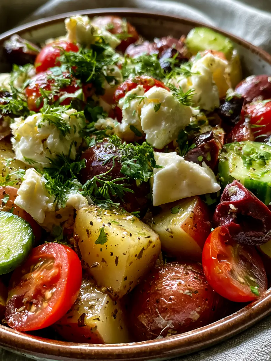 Extreme close-up of glistening red potatoes and herbs in a Greek Potato Salad. (Greek Potato Salad)