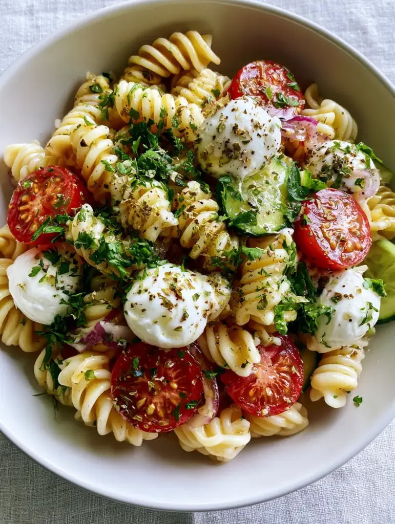 A handheld smartphone photo of Italian pasta salad in a modern white bowl with bright natural lighting from a window.