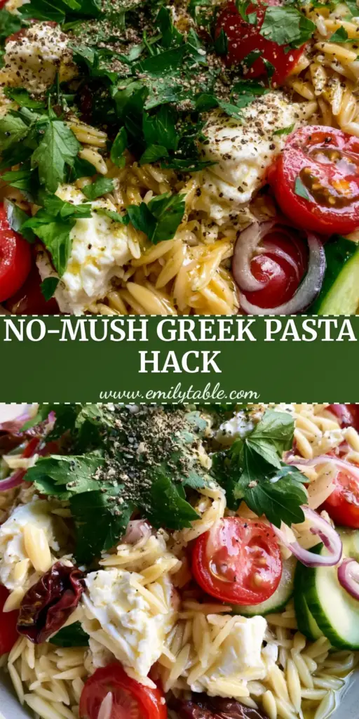 Greek Pasta: The Ultimate Mediterranean Orzo Salad with Creamy Feta 4 A vibrant bowl of Greek Pasta with glistening orzo, jagged feta chunks, and fresh cucumbers on a light oak table.