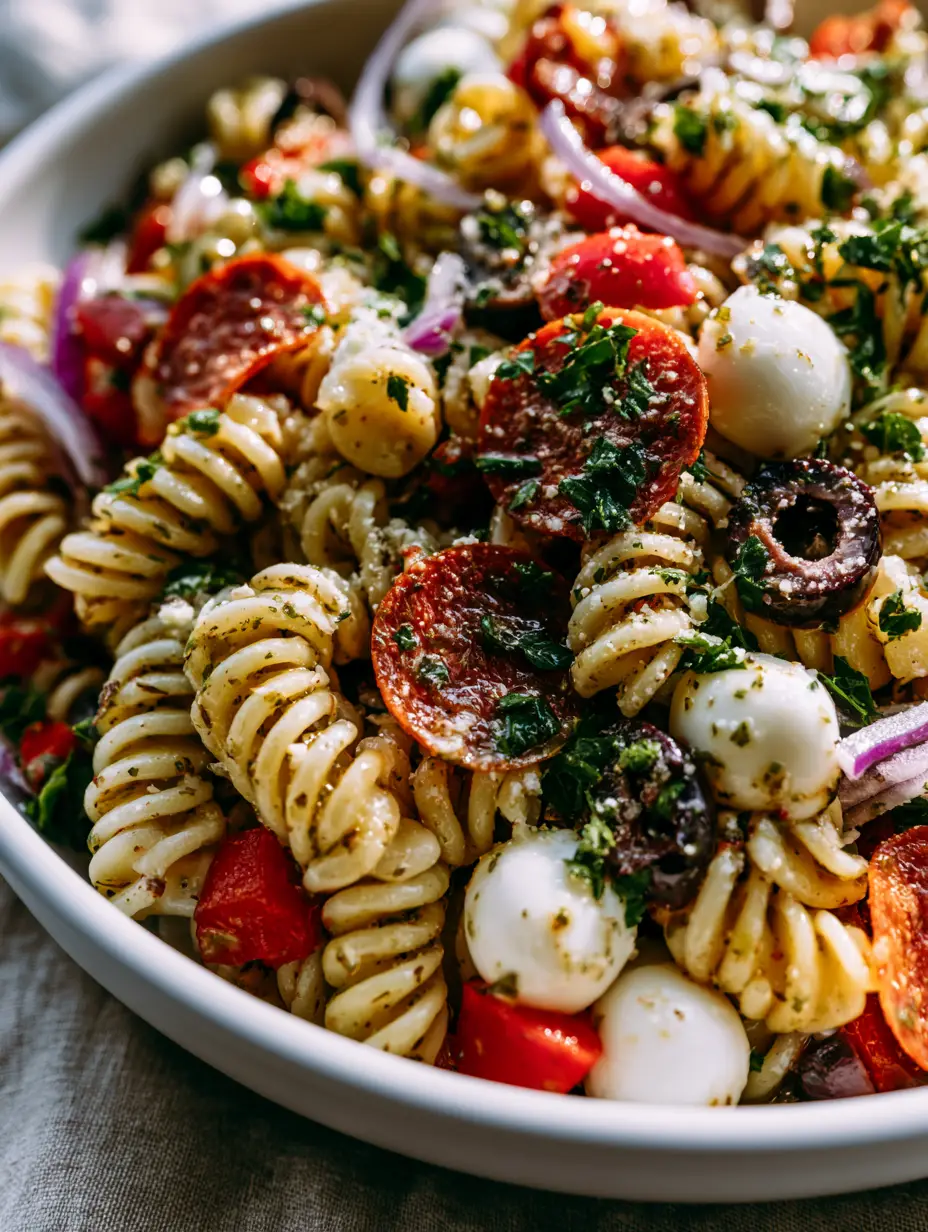 Extreme close-up of glossy italian pasta salad showing herb-flecked dressing and curled pepperoni edges.
