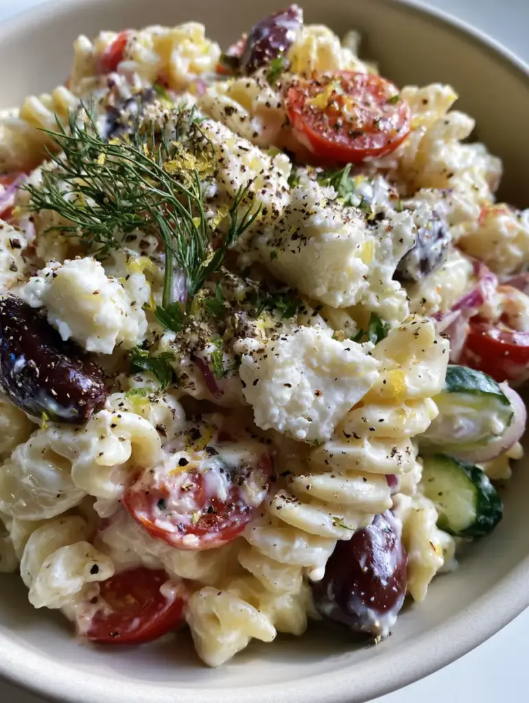 Greek Pasta with Feta: The Creamiest 20-Minute Mediterranean Dinner 1 Macro shot of a bowl of Greek Pasta with Feta showing vibrant red tomatoes, green cucumbers, and large snowy white feta crumbles.