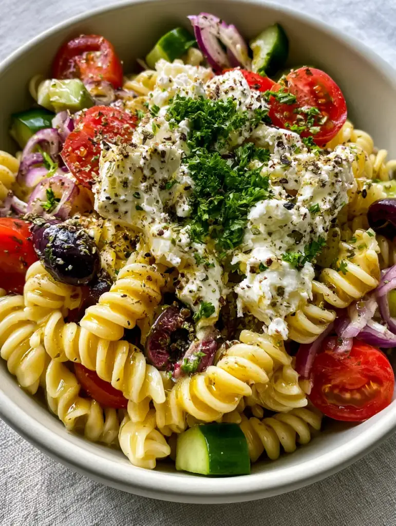 High-angle view of greek pasta salad with glistening rotini and bright vegetables. (greek pasta salad)