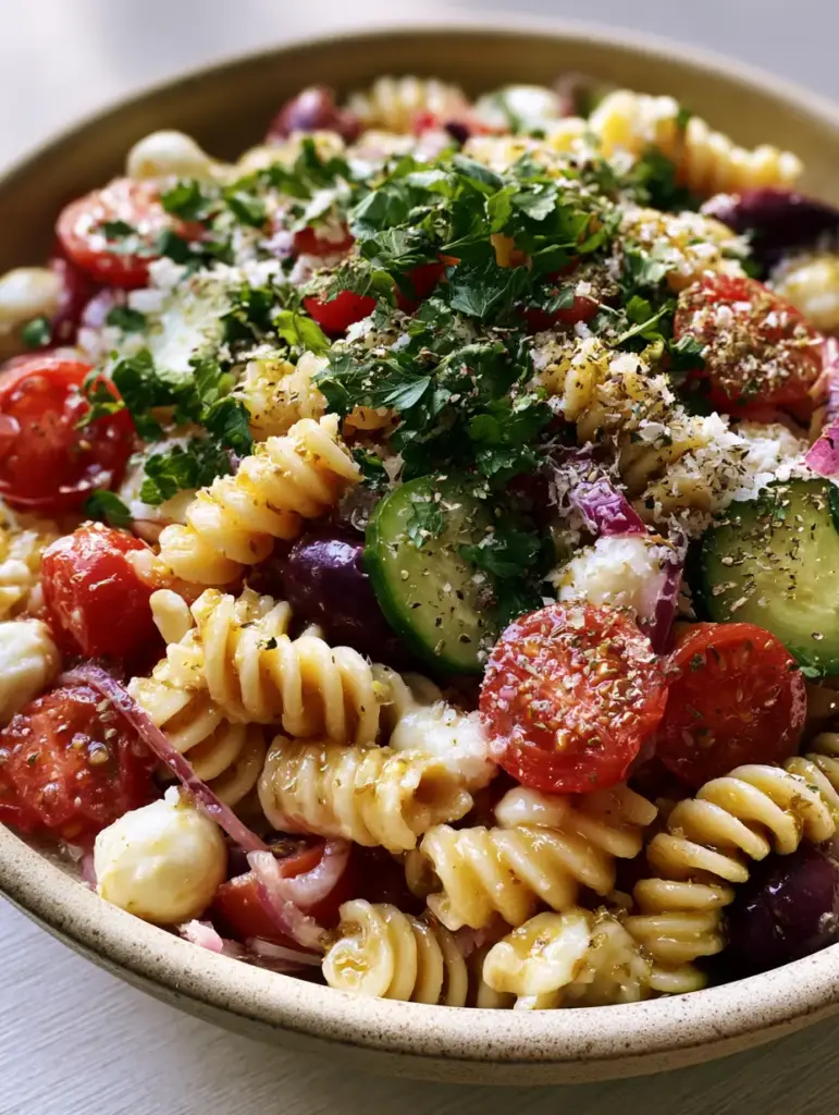 Italian Pasta Salad with Glistening Golden-Herb Vinaigrette 1 Top-down view of a rustic ceramic bowl filled with Italian Pasta Salad featuring halved cherry tomatoes, cucumber slices, and mozzarella pearls.