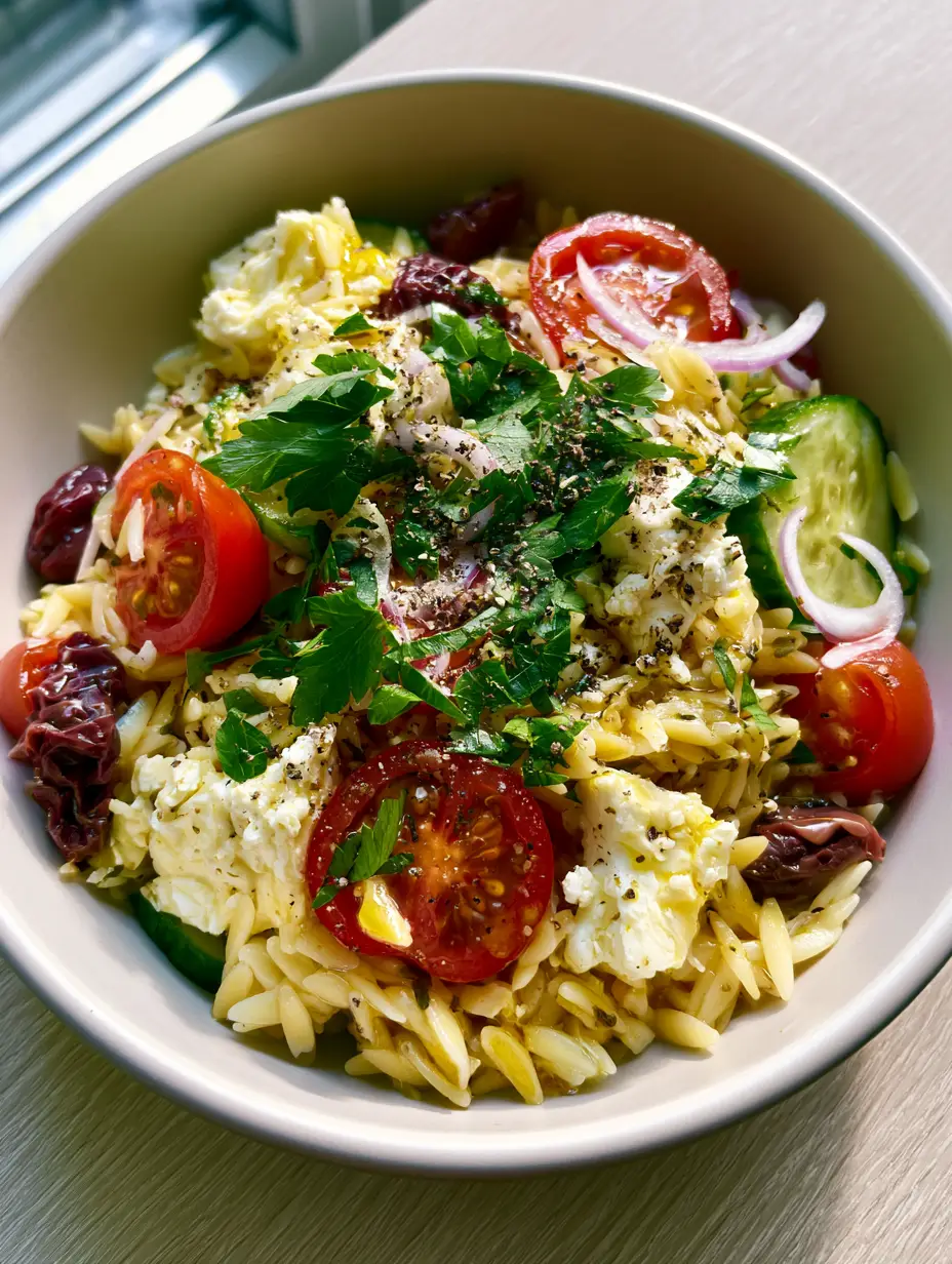 Greek Pasta: The Ultimate Mediterranean Orzo Salad with Creamy Feta 3 Close up overhead shot of Greek Pasta showing the texture of al dente orzo and creamy feta chunks. (Greek Pasta)