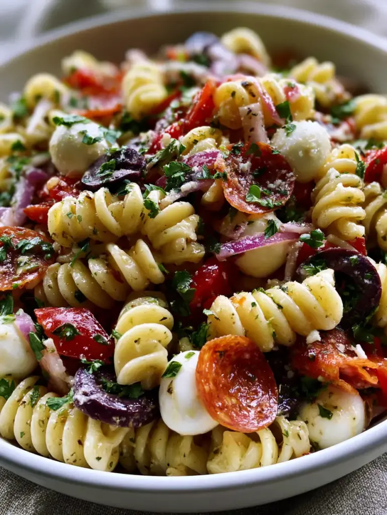 A 45-degree angle shot of italian pasta salad highlighting mozzarella pearls and vibrant red bell peppers.