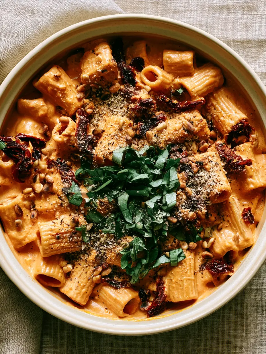 Vegan Sun-Dried Tomato Pasta with Creamy Rigatoni and Toasted Pine Nuts 3 High-angle photo of creamy vegan sun-dried tomato pasta in a cream pot on a linen tablecloth.
