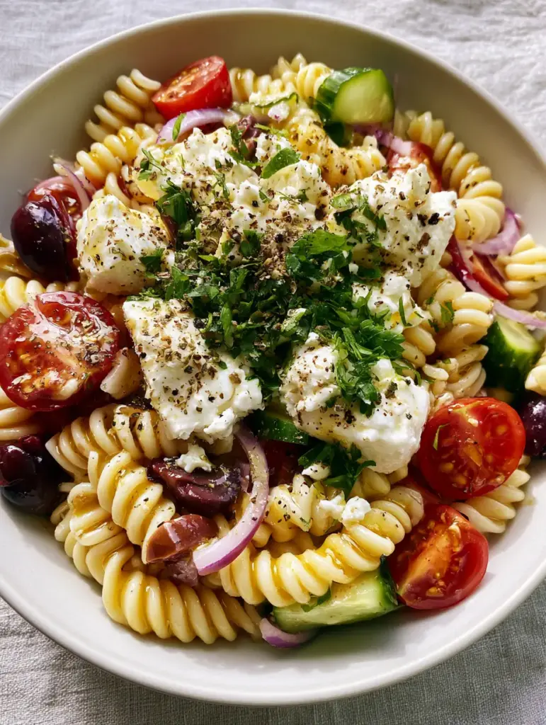 Close up of creamy feta chunks and fresh parsley on top of a greek pasta salad.