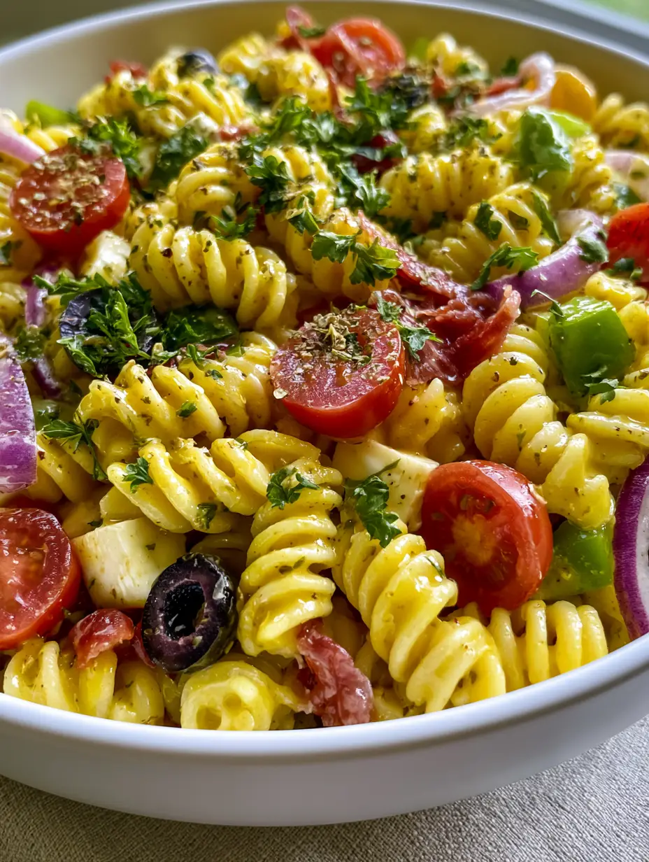 Pasta Salad with Zesty Italian Herb Vinaigrette and Genoa Salami 3 Handheld photo of rotini pasta salad in a white bowl showing texture of dressing and fresh parsley garnish. (pasta salad)