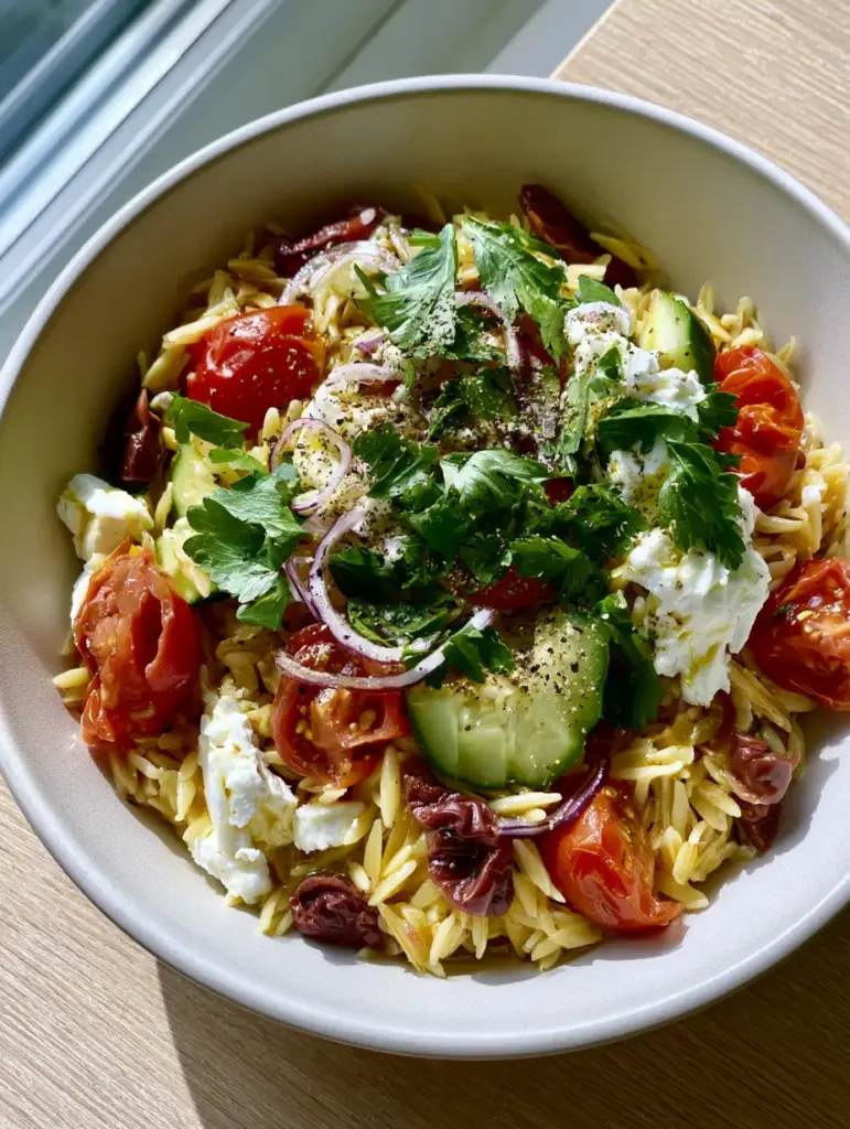 Greek Pasta: The Ultimate Mediterranean Orzo Salad with Creamy Feta 1 Vibrant Mediterranean Greek Pasta salad in a matte white bowl featuring red onion curls and Kalamata olives.