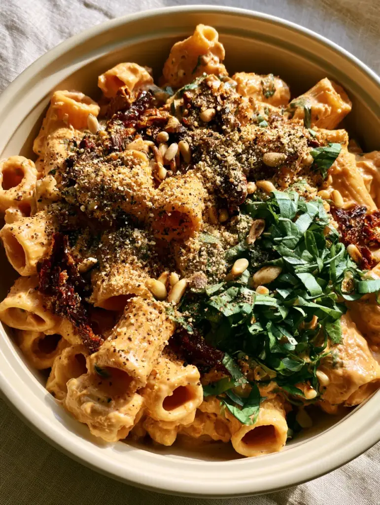 Vegan Sun-Dried Tomato Pasta with Creamy Rigatoni and Toasted Pine Nuts 1 Close up of vegan sun-dried tomato pasta topped with fresh basil chiffonade and cracked pepper.