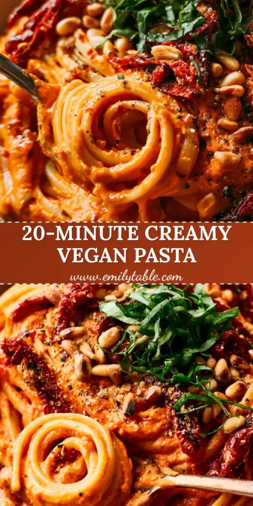 A fork lifting a swirl of Vegan Sun-Dried Tomato Pasta from a rustic bowl, showing the thick, glossy vibrant orange sauce. (Vegan Sun-Dried Tomato Pasta)