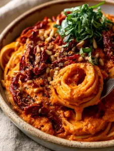 Ultra close-up of Vegan Sun-Dried Tomato Pasta with charred tomato slivers, toasted pine nuts, and basil chiffonade. (Vegan Sun-Dried Tomato Pasta)