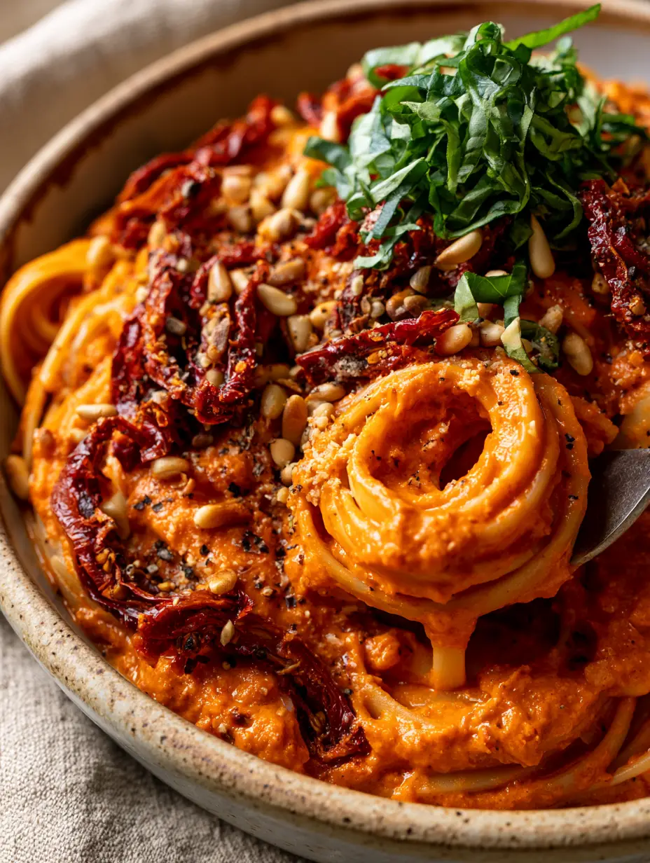 Ultra close-up of Vegan Sun-Dried Tomato Pasta with charred tomato slivers, toasted pine nuts, and basil chiffonade. (Vegan Sun-Dried Tomato Pasta)