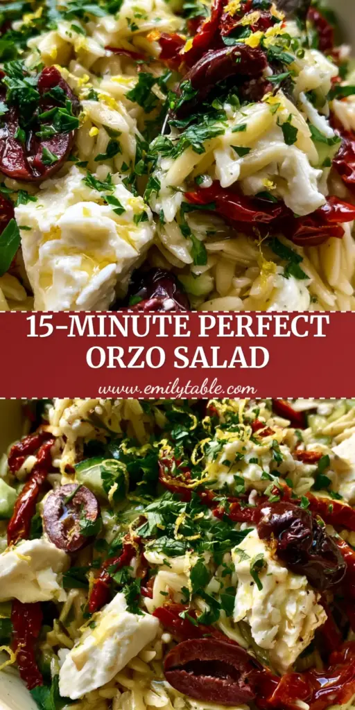 A handheld smartphone photo of a lush Mediterranean Orzo Pasta Salad with feta chunks, olives, and sun-dried tomatoes in a cream bowl.