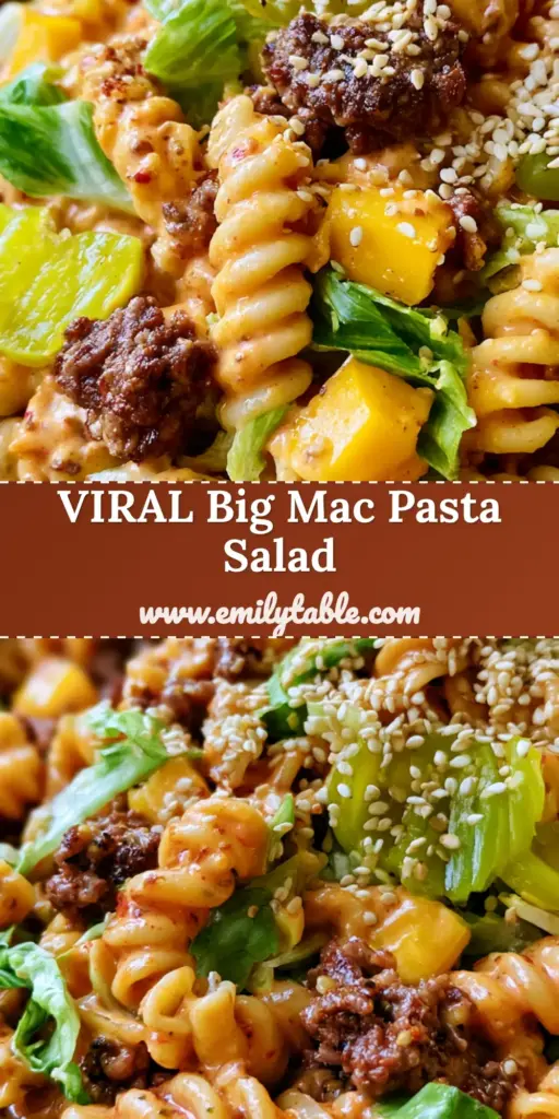 A colorful Big Mac pasta salad featuring spiral rotini, seared ground beef, yellow cheddar cubes, and bright green lettuce topped with sesame seeds in a rustic bowl.