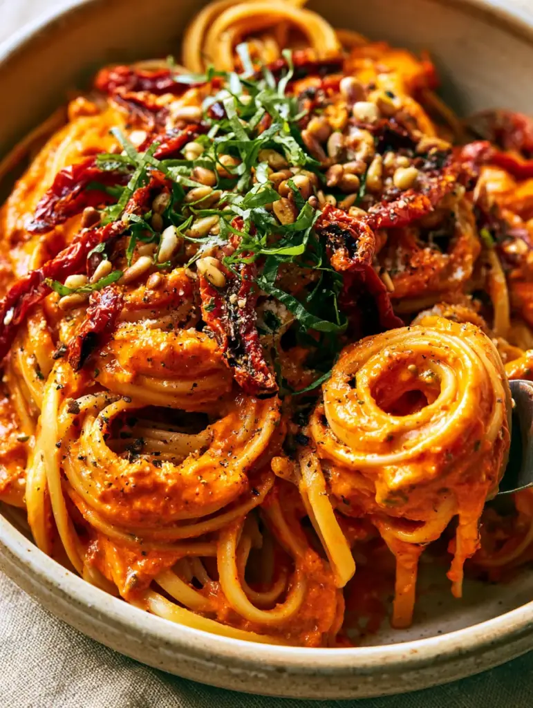 Rustic ceramic bowl filled with linguine coated in a vibrant orange-red sun-dried tomato sauce. (Vegan Sun-Dried Tomato Pasta)