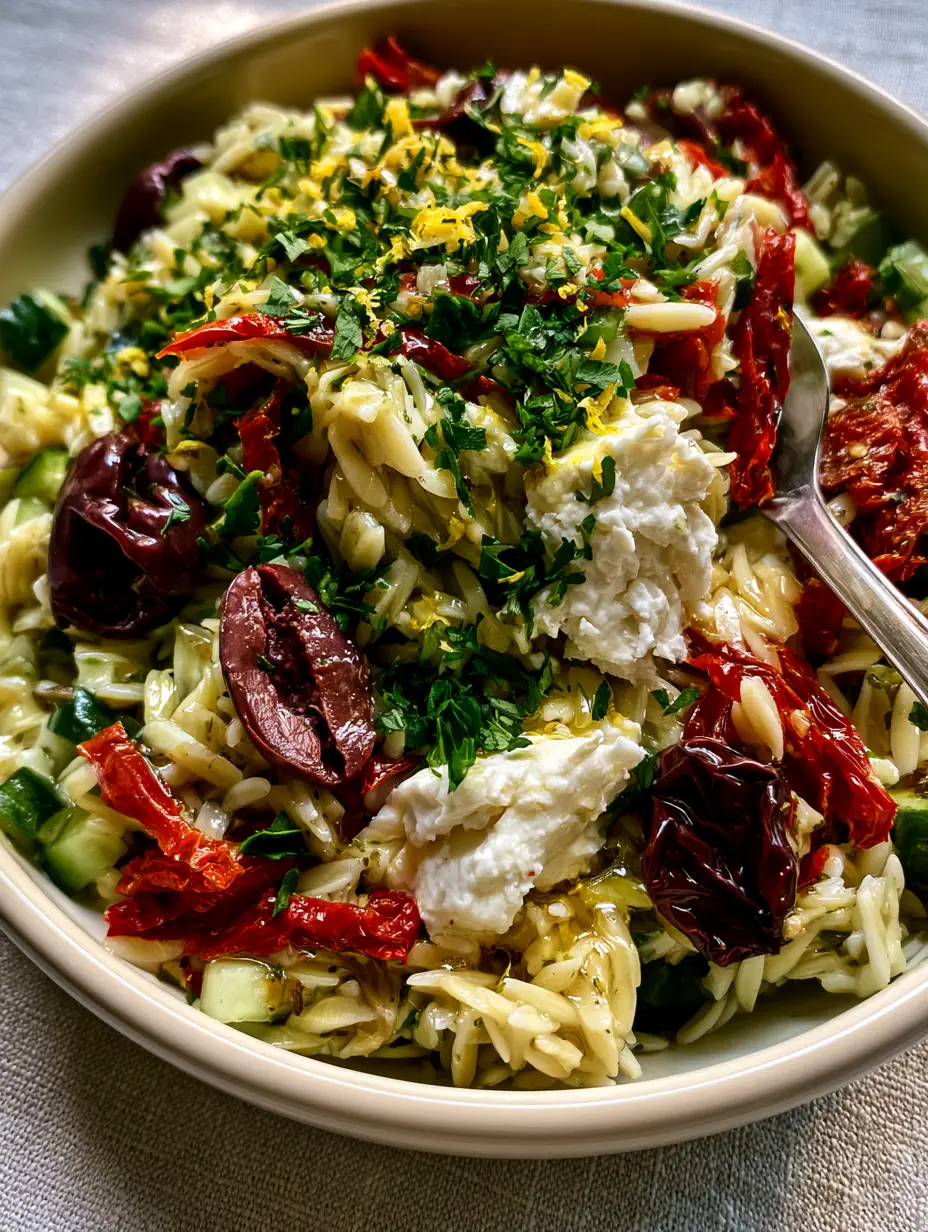 Close up of al dente Orzo Pasta Salad showing a shimmering lemon-herb vinaigrette and julienned sun-dried tomatoes.