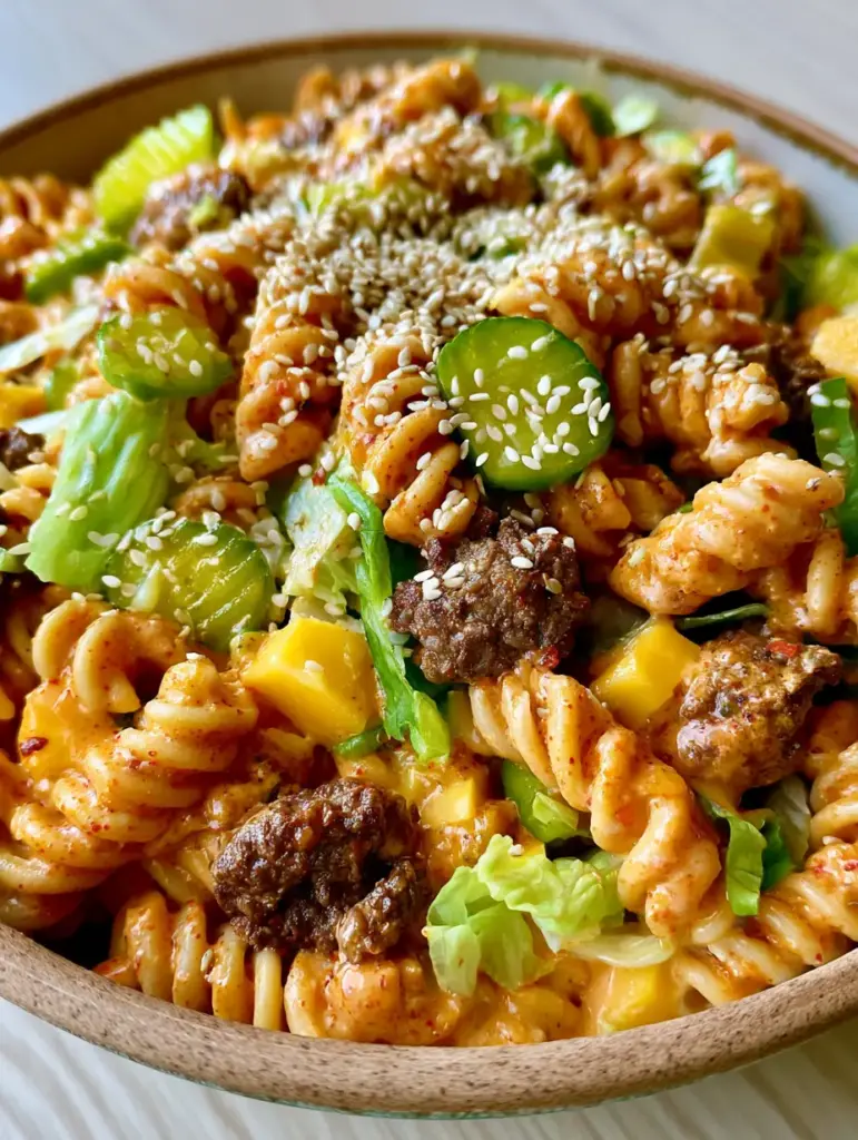 Extreme macro close-up of Big Mac pasta salad showing creamy sauce, relished dressing, and seared beef crumbles.