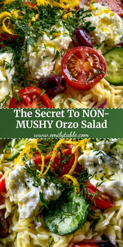 A top-down view of a vibrant Mediterranean orzo pasta salad in a matte white bowl featuring feta, tomatoes, and fresh herbs. (orzo pasta salad)
