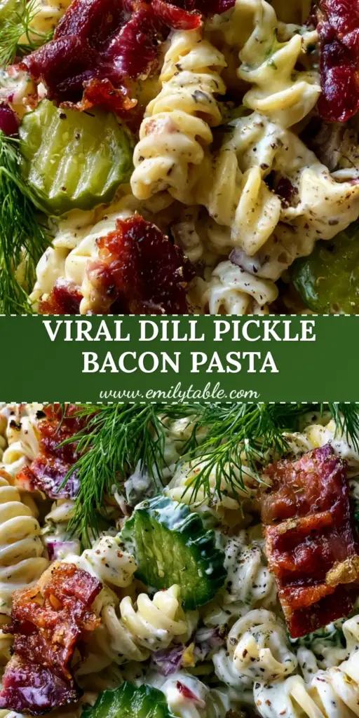 A top-down view of a modern stoneware bowl filled with dill pickle pasta salad, showing rotini, mahogany bacon, and emerald-green pickles.