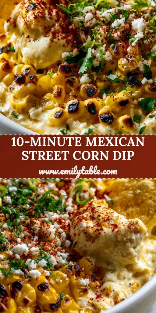 Mexican Street Corn Dip: The Ultimate Charred and Cheesy Party Appetizer 4 A vertical close-up of a bowl of mexican street corn dip with charred corn, cotija cheese, and cilantro, featuring a corn chip scooping the dip.