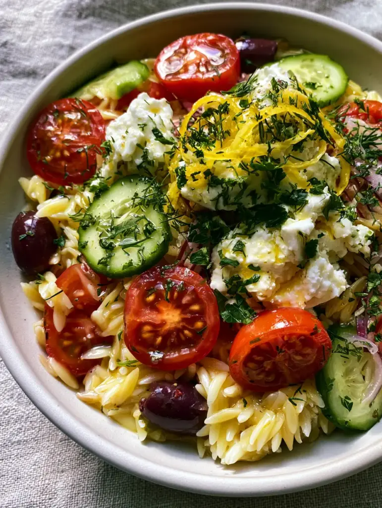 Extreme close-up of glistening al-dente orzo pasta salad with halved cherry tomatoes and craggy feta chunks. (orzo pasta salad)