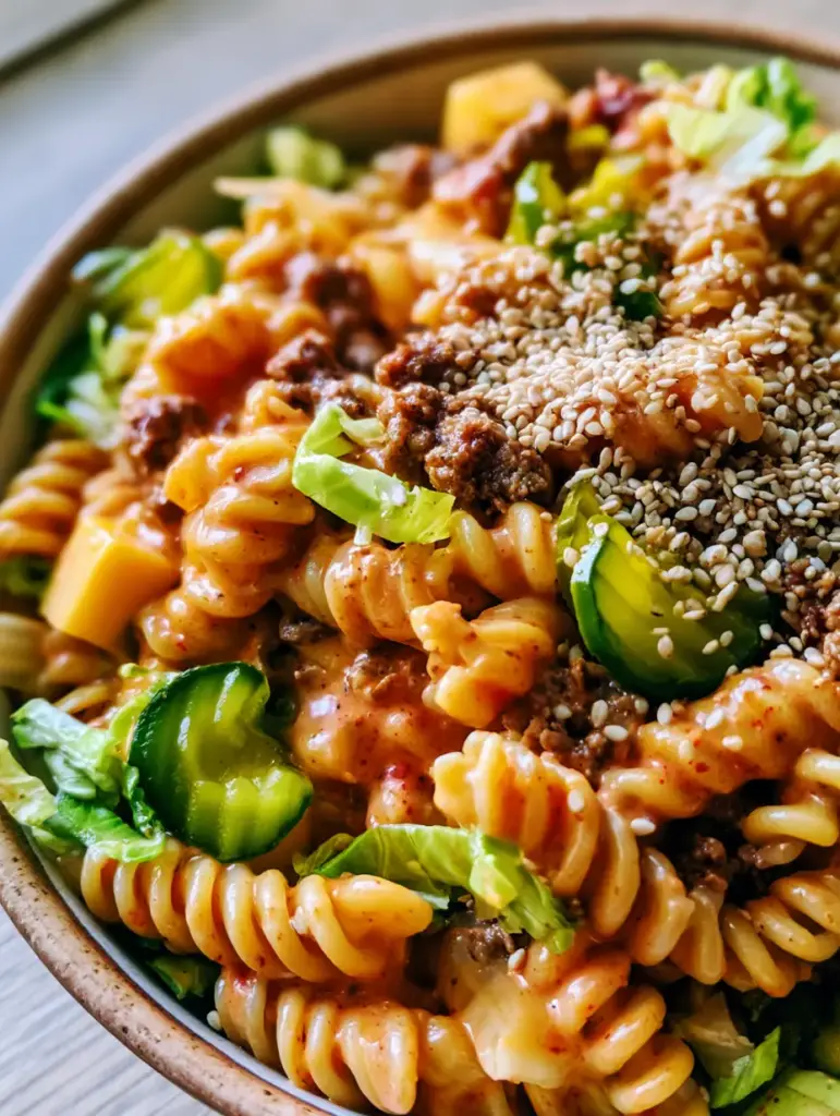 A close-up view of vibrant green dill pickles and shredded iceberg lettuce mixed into a Big Mac pasta salad.