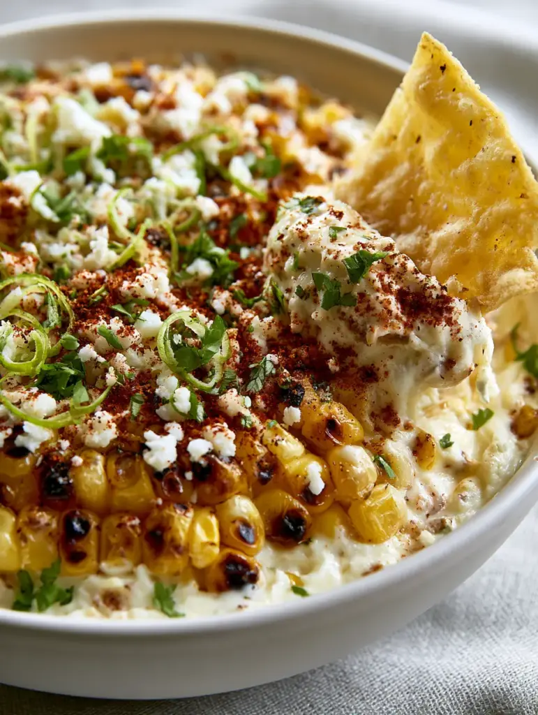 Mexican Street Corn Dip: The Ultimate Charred and Cheesy Party Appetizer 2 Overhead close-up of mexican street corn dip in a ceramic bowl with visible charred corn kernels and ancho chili powder. (mexican street corn dip)