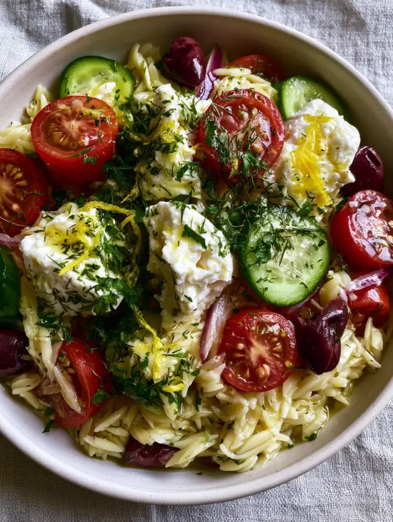 Close-up of Persian cucumber half-moons and large feta chunks in a Mediterranean orzo pasta salad.