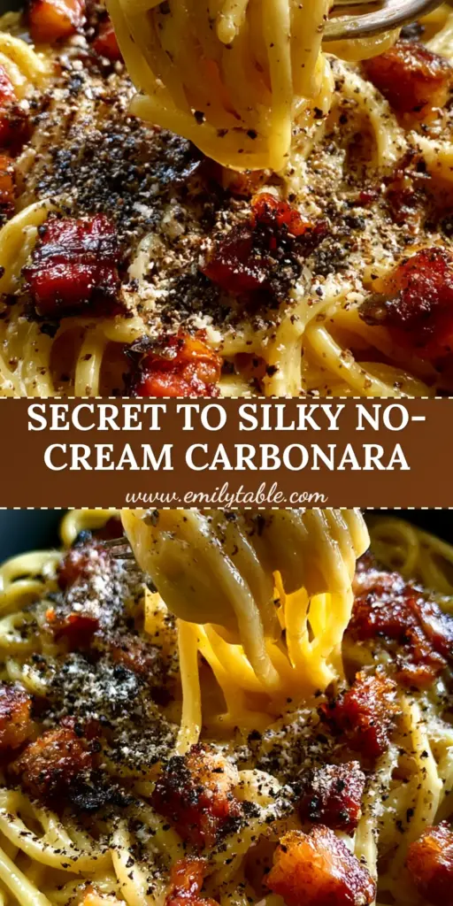 Italian Carbonara: The Definitive Roman Guide to Silky, Glossy Perfection 4 A close-up vertical shot of Italian Carbonara with a silver fork lifting glossy spaghetti strands, showing crispy guanciale cubes and cracked black pepper.