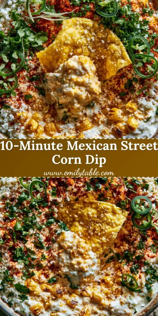 A macro close-up of Mexican street corn dip in a rustic bowl with a tortilla chip lifting a scoop of creamy corn and cotija cheese.