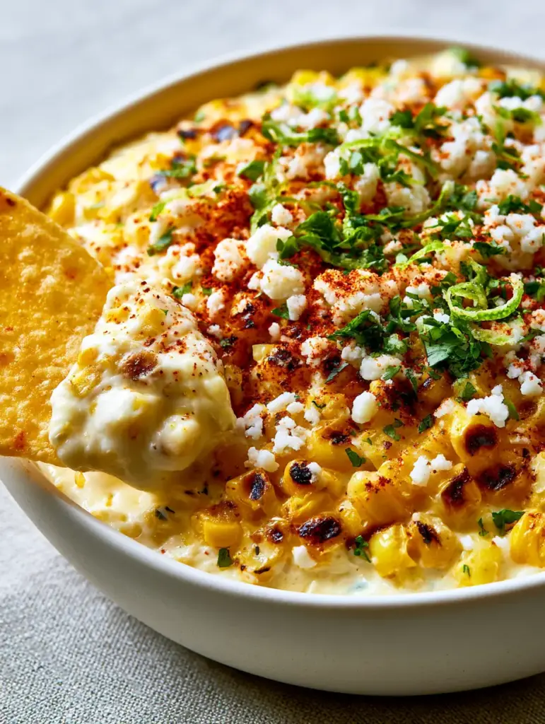 Mexican Street Corn Dip: The Ultimate Charred and Cheesy Party Appetizer 1 Macro shot of a corn chip lifting a thick, gooey scoop of mexican street corn dip.