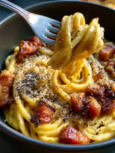 Extreme macro overhead shot of authentic Roman Italian Carbonara in a matte black ceramic bowl with luminous pale-yellow egg and pecorino emulsion.