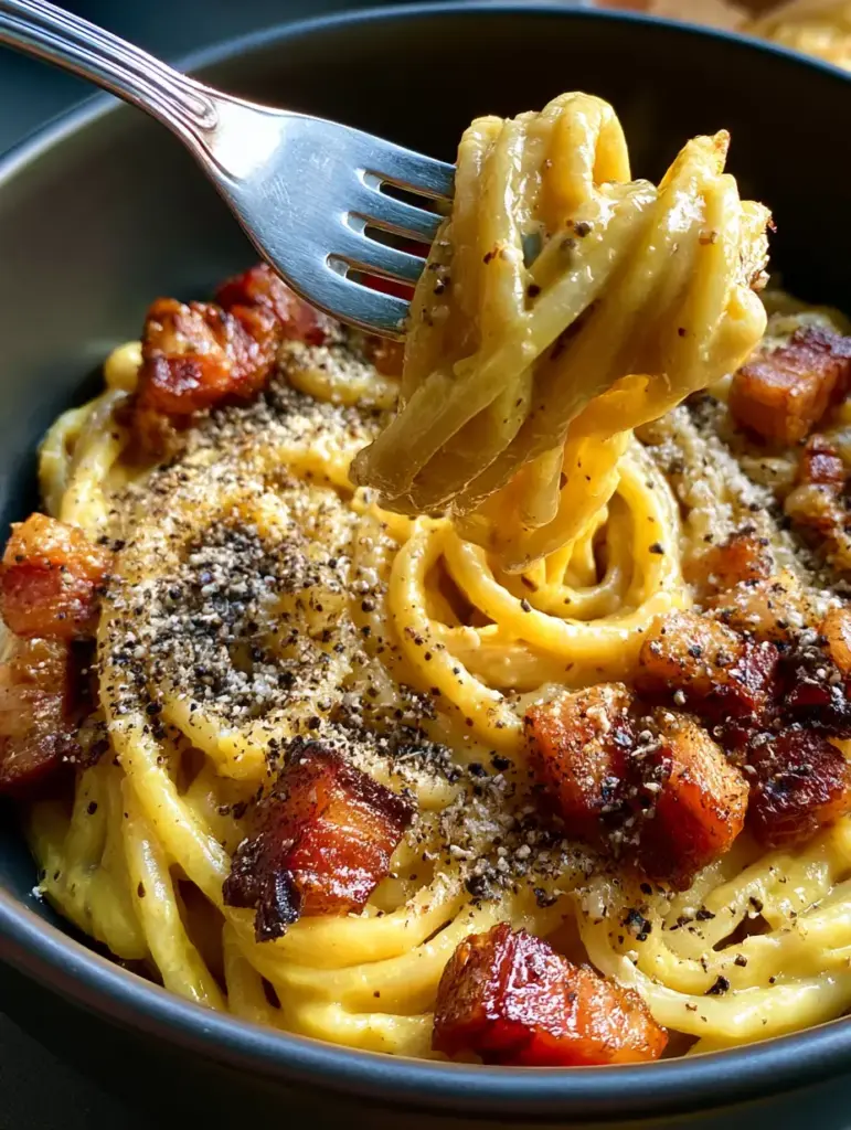 Italian Carbonara: The Definitive Roman Guide to Silky, Glossy Perfection 2 Extreme macro overhead shot of authentic Roman Italian Carbonara in a matte black ceramic bowl with luminous pale-yellow egg and pecorino emulsion.