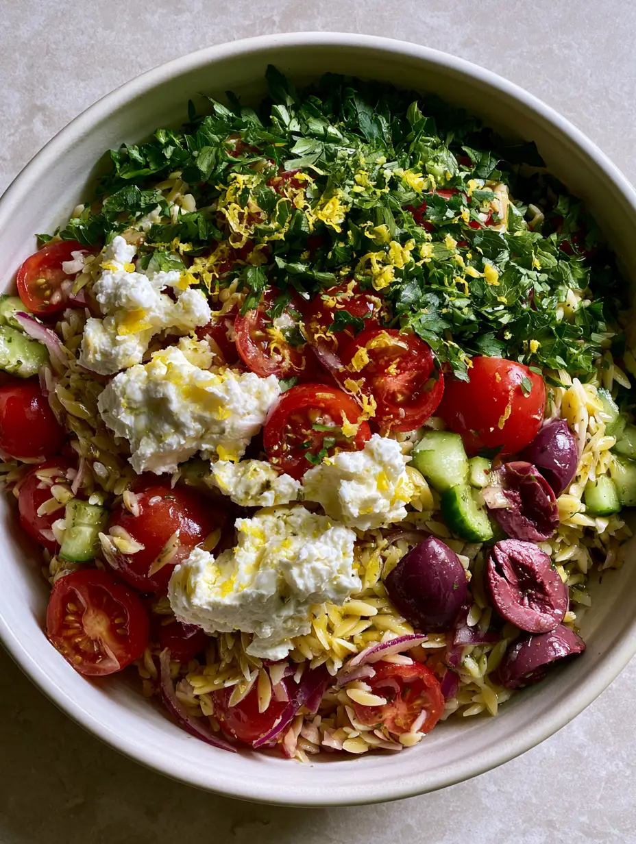 Top-down view of glossy orzo salad with Persian cucumbers and red onions. (orzo salad)