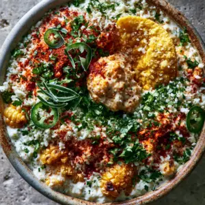 High-angle shot showing the thick blanket of cotija cheese and red chili powder on Mexican street corn dip.