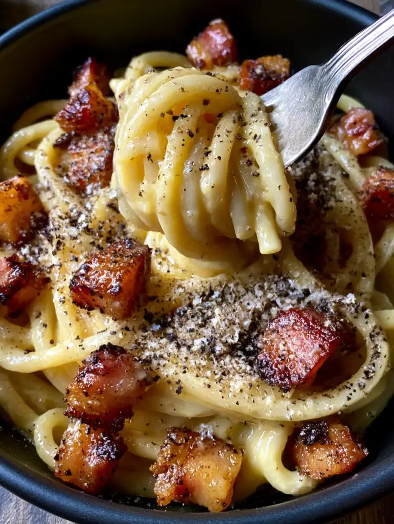 Italian Carbonara: The Definitive Roman Guide to Silky, Glossy Perfection 1 Detailed shot of golden-brown crispy guanciale cubes nestled between strands of glossy spaghetti coated in a thick pecorino sauce.