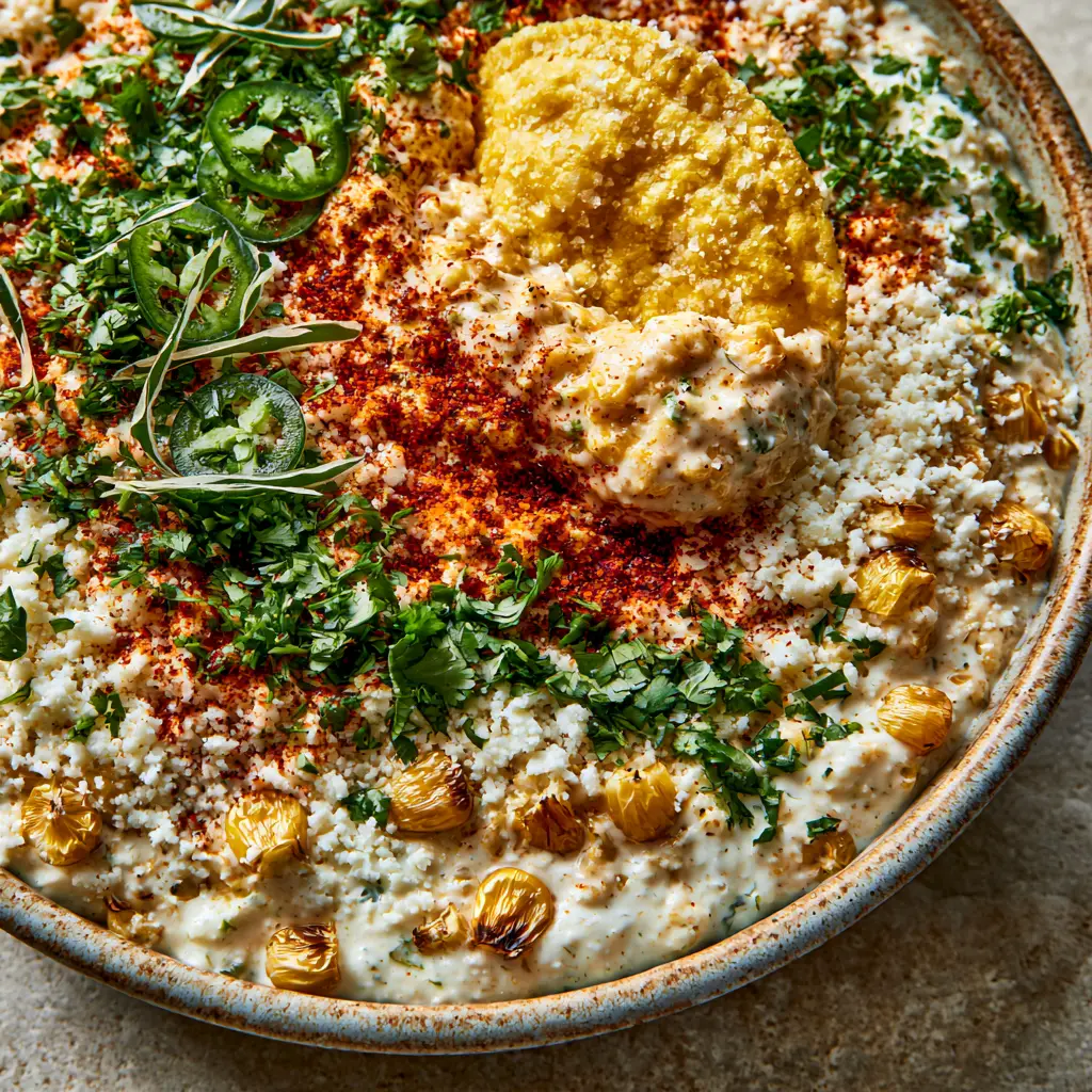 Close-up of paper-thin jalapeño slices and fresh cilantro scattered over creamy Mexican street corn dip.