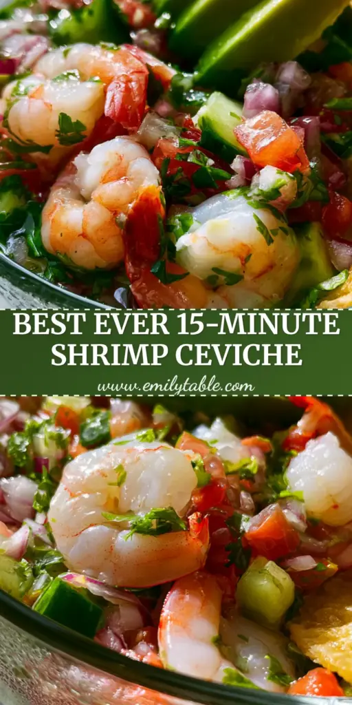 Mexican Shrimp Ceviche: The Ultimate Refreshing Coastal Masterpiece 4 A handheld smartphone photo of a glass bowl of Mexican Shrimp Ceviche with a golden tostada and avocado slices on a stone background.
