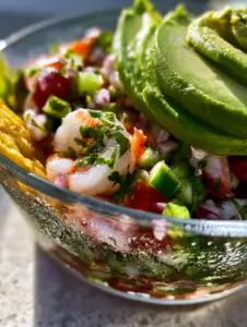 Macro shot of glistening citrus-cured shrimp with diced red onion, tomatoes, and cilantro in a glass bowl. (Mexican Shrimp Ceviche)