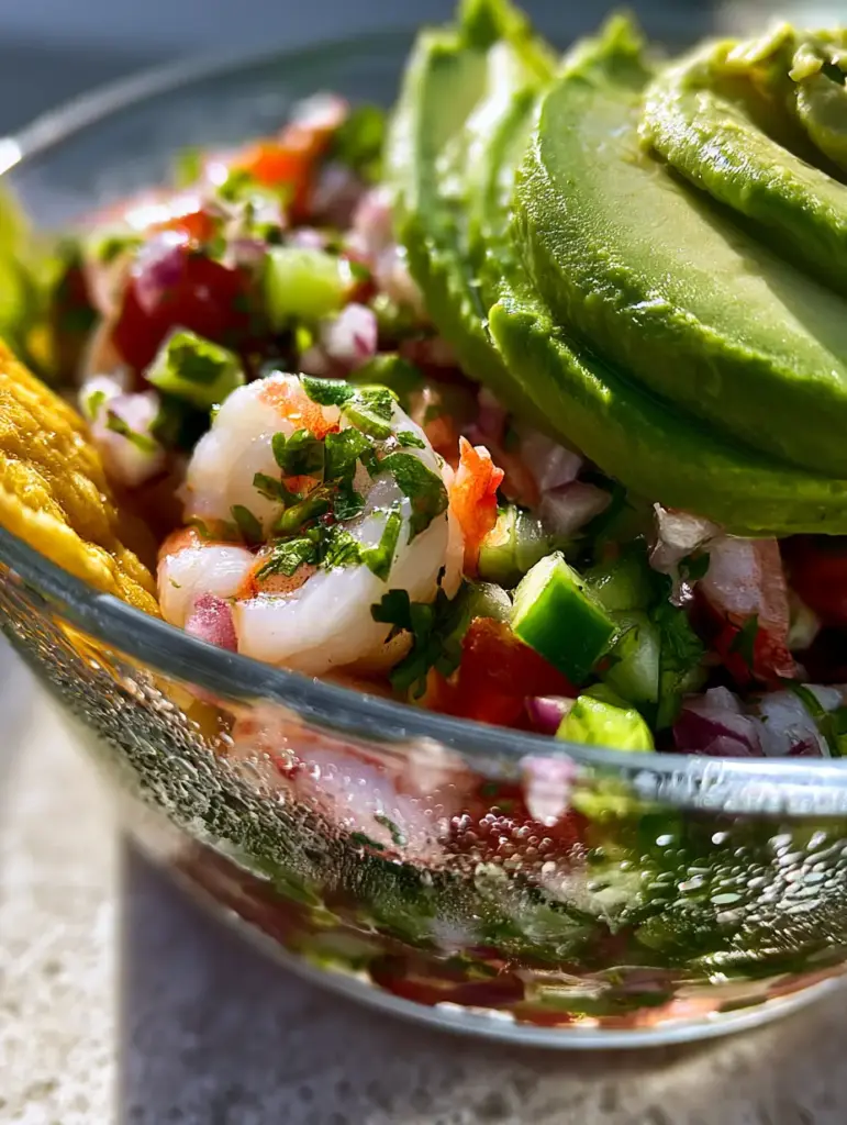 Mexican Shrimp Ceviche: The Ultimate Refreshing Coastal Masterpiece 2 Macro shot of glistening citrus-cured shrimp with diced red onion, tomatoes, and cilantro in a glass bowl. (Mexican Shrimp Ceviche)