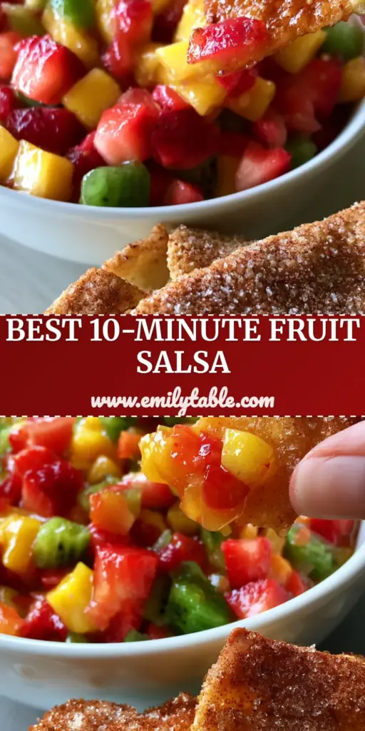 A hand dipping a cinnamon-sugar coated flour tortilla chip into a vibrant bowl of Fruit salsa featuring strawberries, mango, and kiwi.