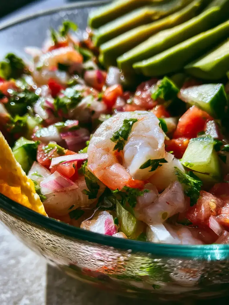 Mexican Shrimp Ceviche: The Ultimate Refreshing Coastal Masterpiece 1 Top down view of Mexican Shrimp Ceviche featuring emerald cucumber cubes, ruby tomatoes, and creamy avocado slices.