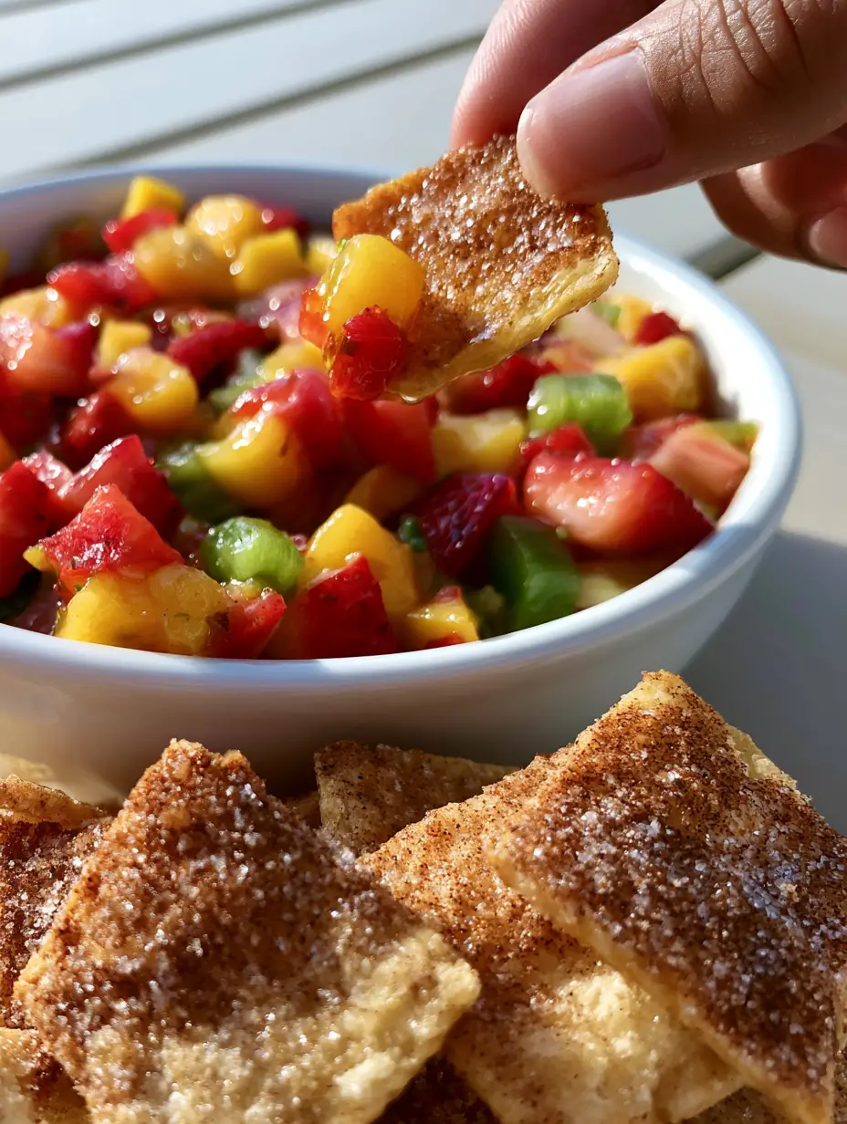 Close-up of Fruit salsa in a white bowl with strawberries, mango, and kiwi seeds glistening under a lime glaze.