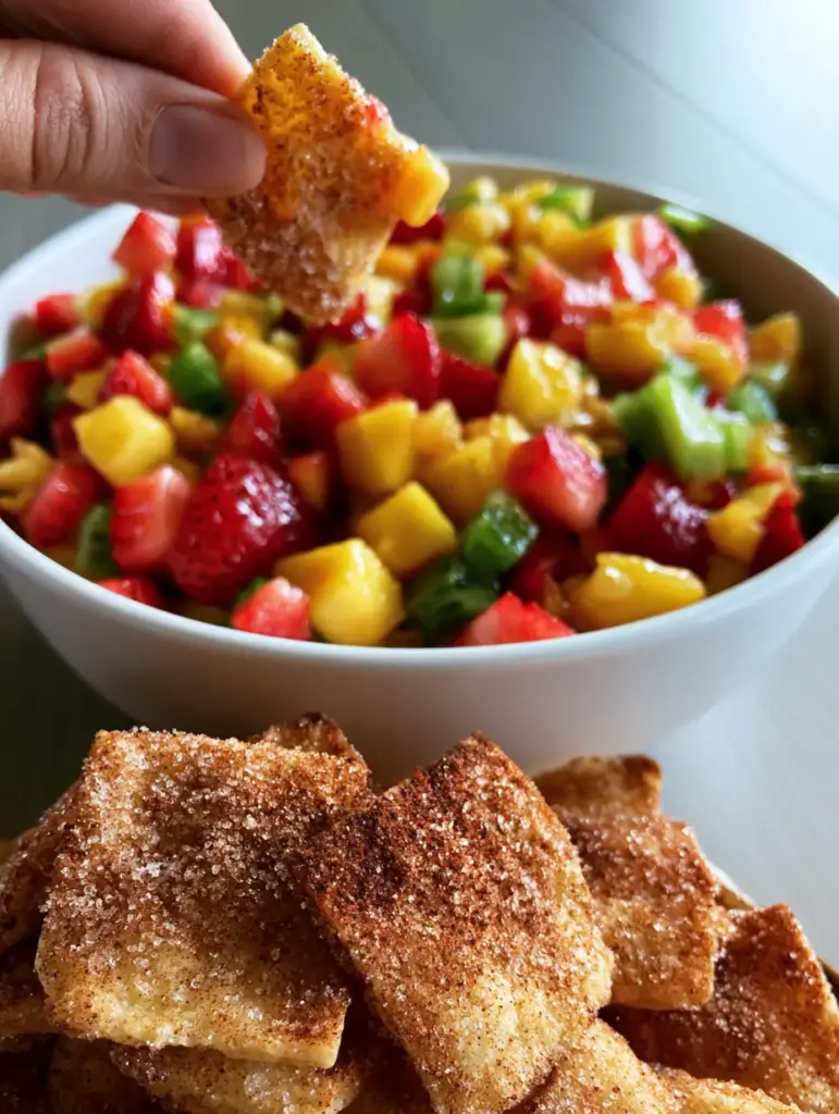 Golden-brown flour tortilla chips heavily coated in cinnamon sugar crystals next to a bowl of Fruit salsa.