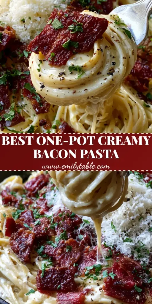 A close-up vertical shot of Creamy Bacon Pasta with thick ivory sauce, crispy bacon chunks, and fresh parsley.